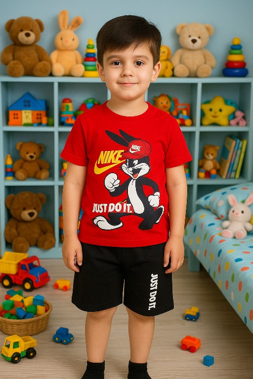 Red T-Shirt and Shorts Set with Cartoon Design