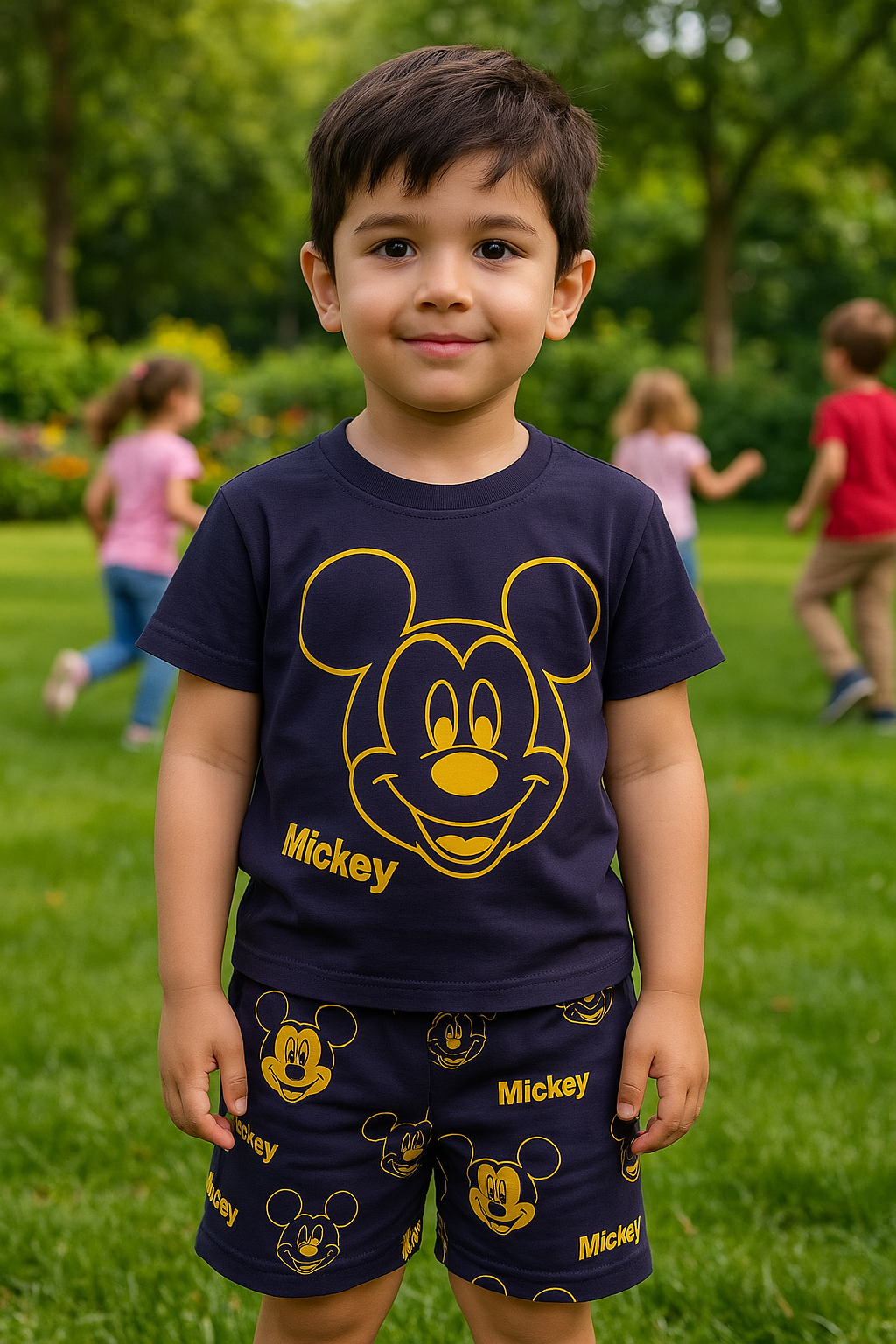 Boy wearing kids Mickey Mouse clothing featuring vibrant Mickey graphics for playful summer fun