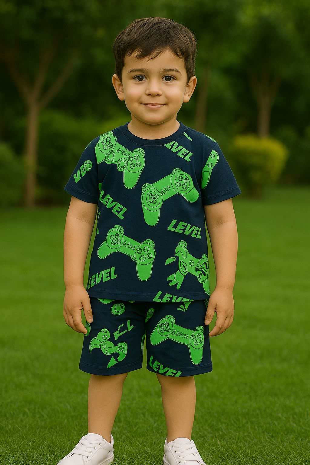 Boys kids t-shirt and shorts set in navy featuring game controller graphics for playful summer wear