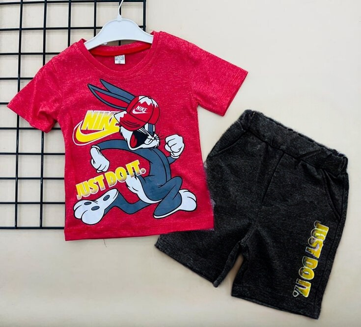 Red t-shirt and shorts set featuring Bugs Bunny with a Nike logo for kids' casual wear
