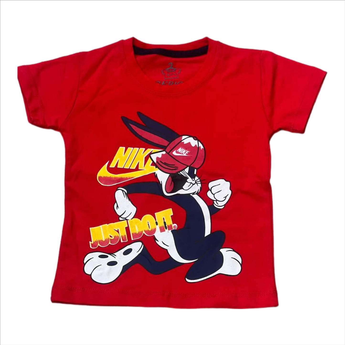 Kids Red T-Shirt and Shorts Set featuring a Cartoon Bunny Graphic with Nike Branding