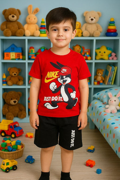 Red T-Shirt and Shorts Set with Cartoon Design