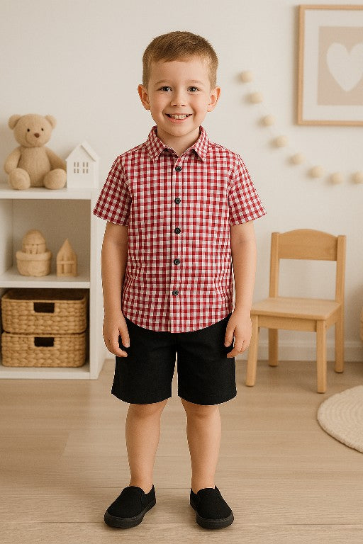 Boys Red Checkered Shirt and Shorts Set