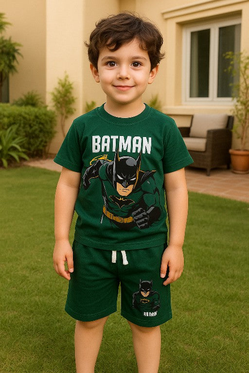 Batman t-shirt and shorts set for kids featuring a playful green design with Batman graphic