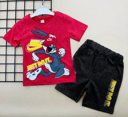 Red t-shirt and shorts set featuring Bugs Bunny with a Nike logo for kids' casual wear