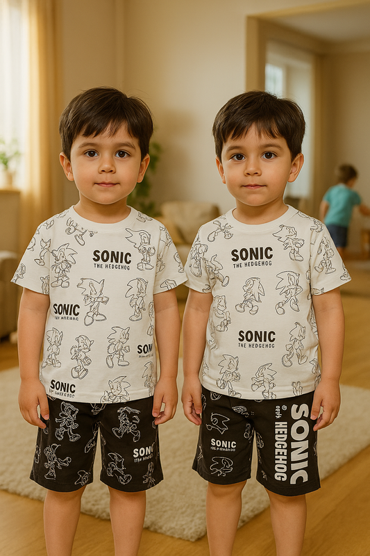 Kids wearing Sonic themed clothing set with fun character prints and comfortable shorts